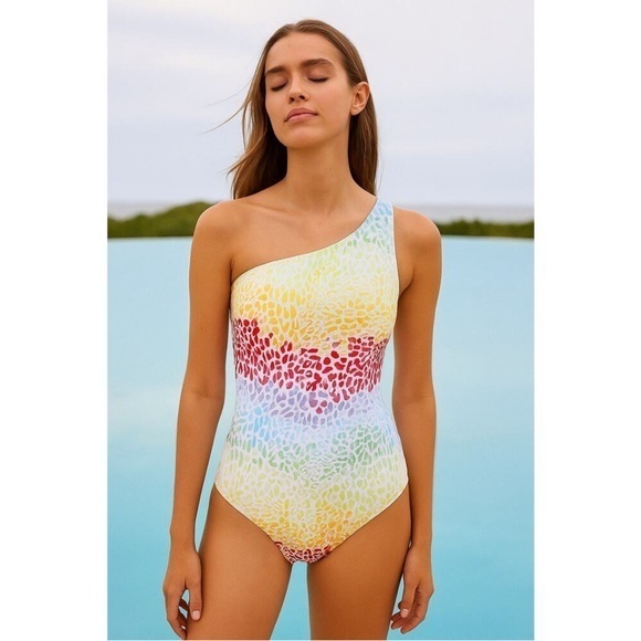 Onia Women's Yellow Blue Pastel Animal Print One Piece Swimsuit Size XL